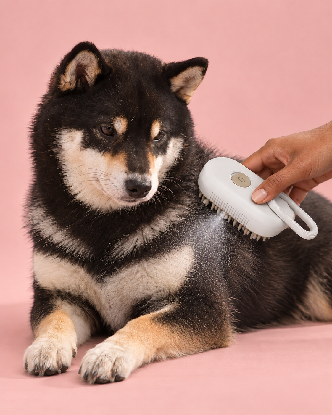 Seiji avec la brosse brumisante blanc porcelaine sur fond rose pastel