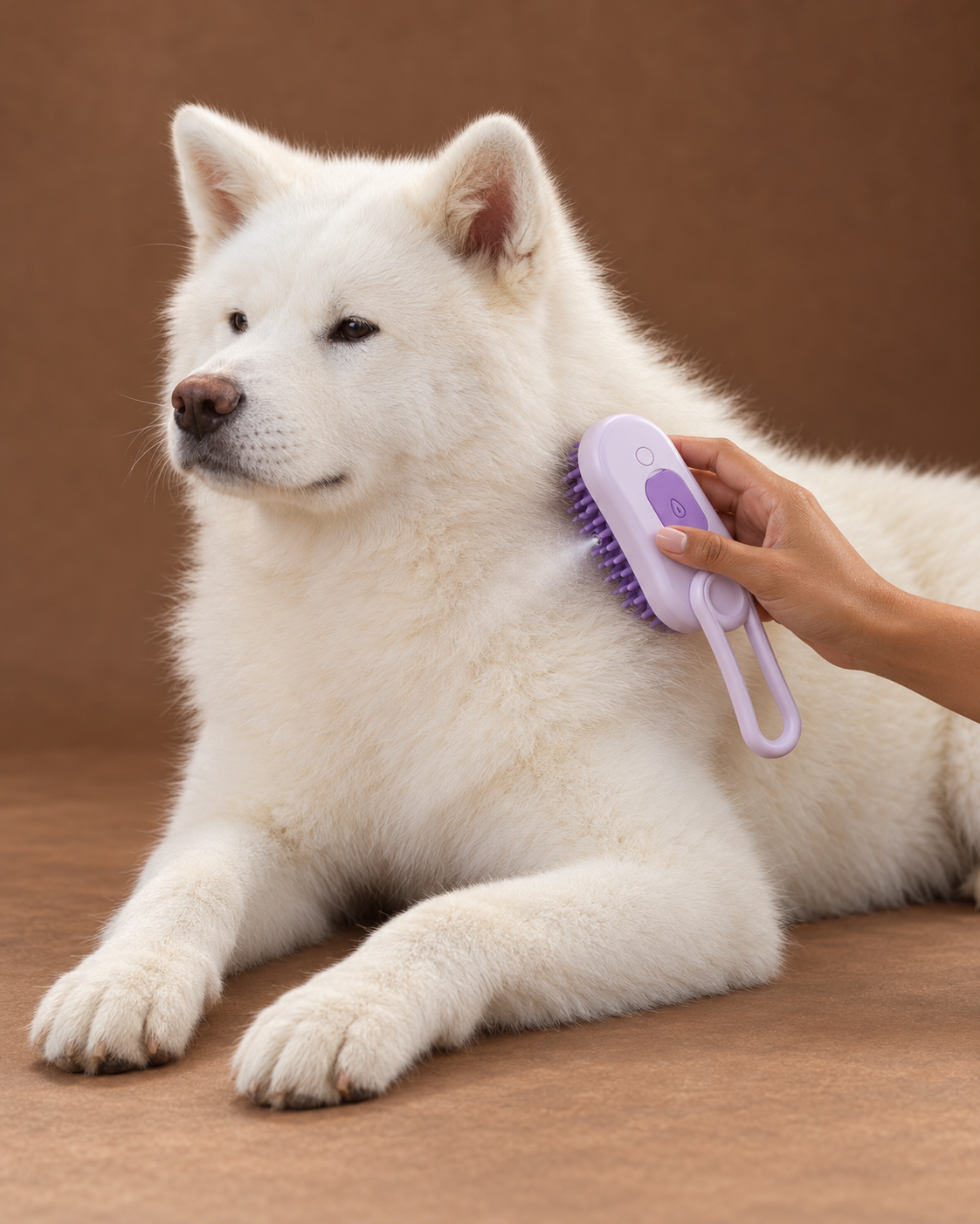 Neji avec la brosse violette diffusant une fine brume sur fond brun doux