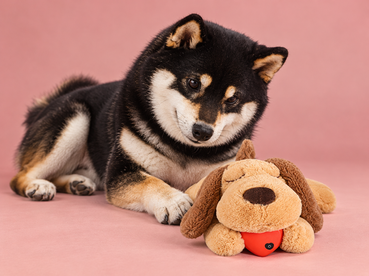 Peluche chien à cœur battant avec Seiji — studio rose poudré