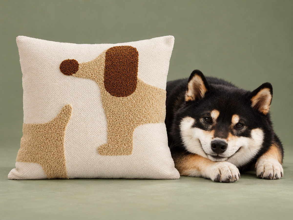Coussin Sable — 45 × 45 cm avec Seiji — détail studio