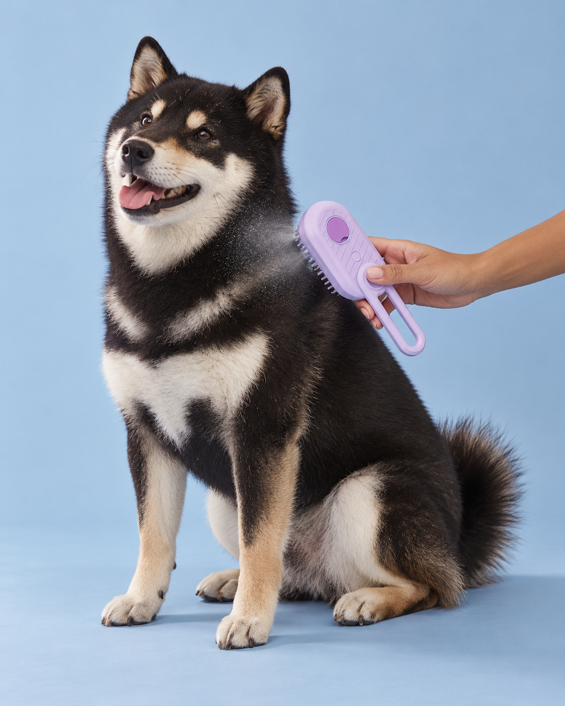 Seiji avec la brosse lilas diffusant une fine brume sur fond bleu pastel