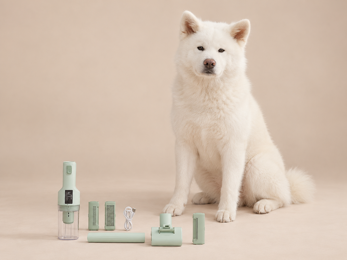 Aspirateur CA20 vert et ses accessoires avec Neji, Akita blanc — mise en scène studio
