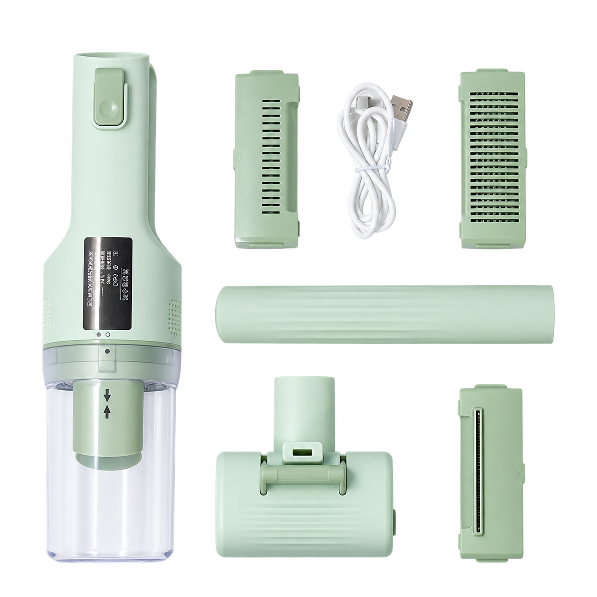 Aspirateur CA20 vert et ses accessoires — détouré