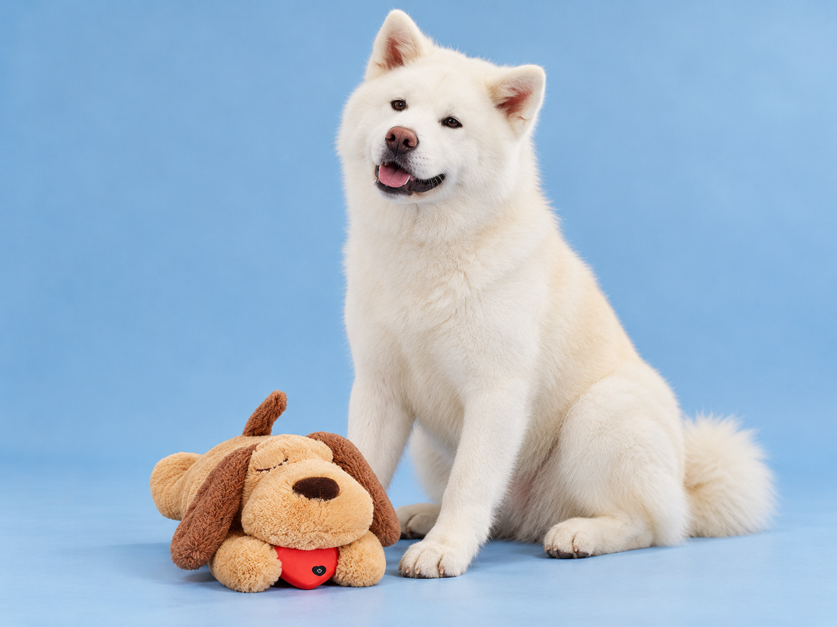 Peluche chien à cœur battant avec Neji — studio bleu pastel