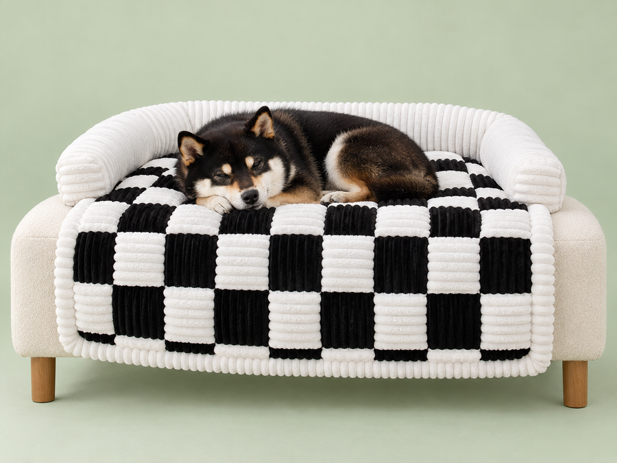 Noir & blanc avec Seiji endormi — coussin à damier en studio sauge