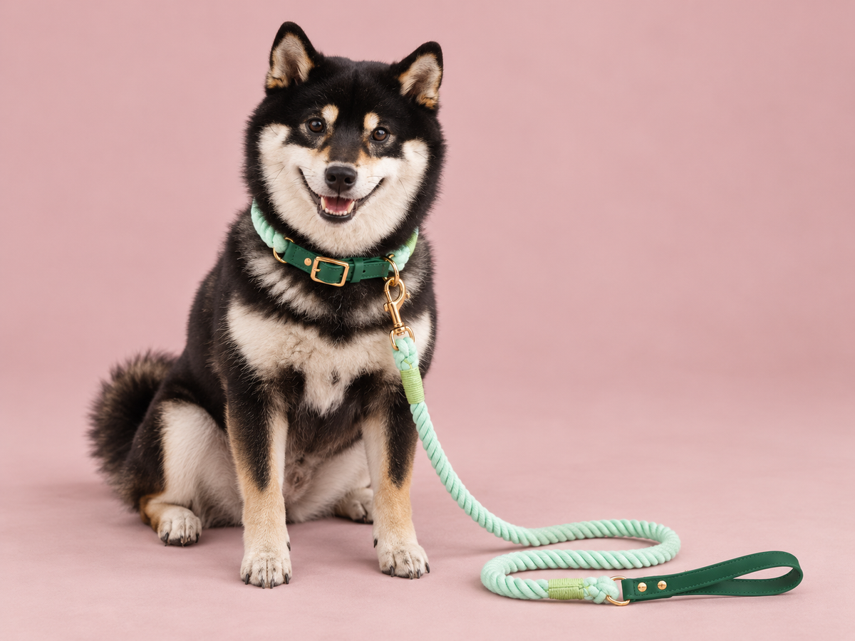 Laisse et collier Menthe avec le Shiba — studio rose poudré