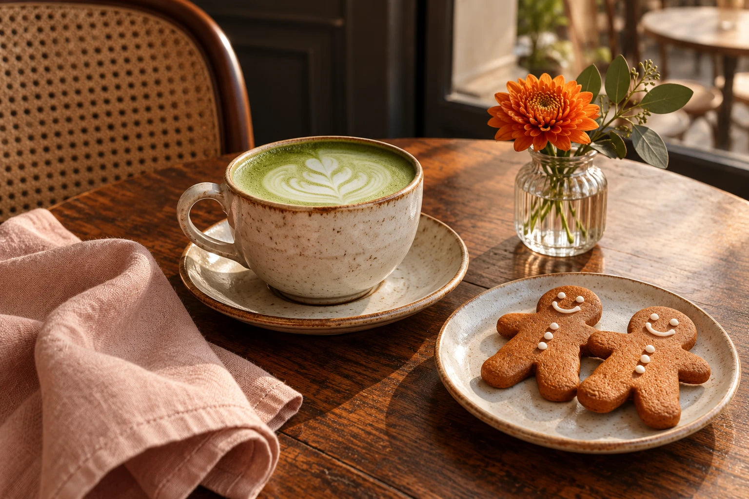 Matcha latte et biscuits dans l’ambiance imaginée pour Neji Factory